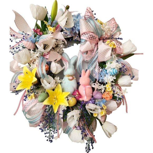 Spring Easter Wreath With Bunny Decorations Pastel Flowers & Ribbons 28" Diamete - Picture 2 of 7